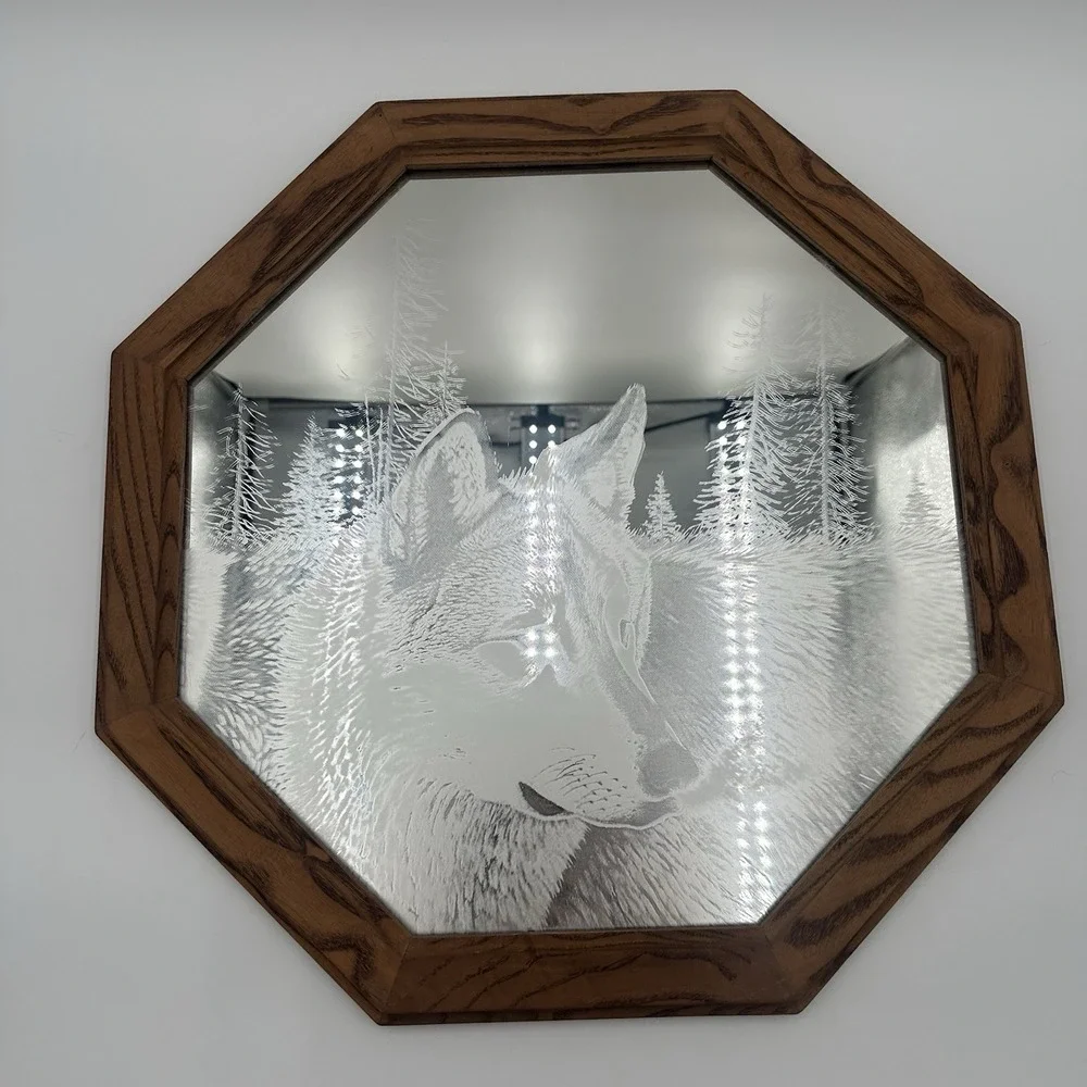 Vintage Wolf Etched Mirror Octagon Wood Frame Wildlife Cabin Lodge Decor